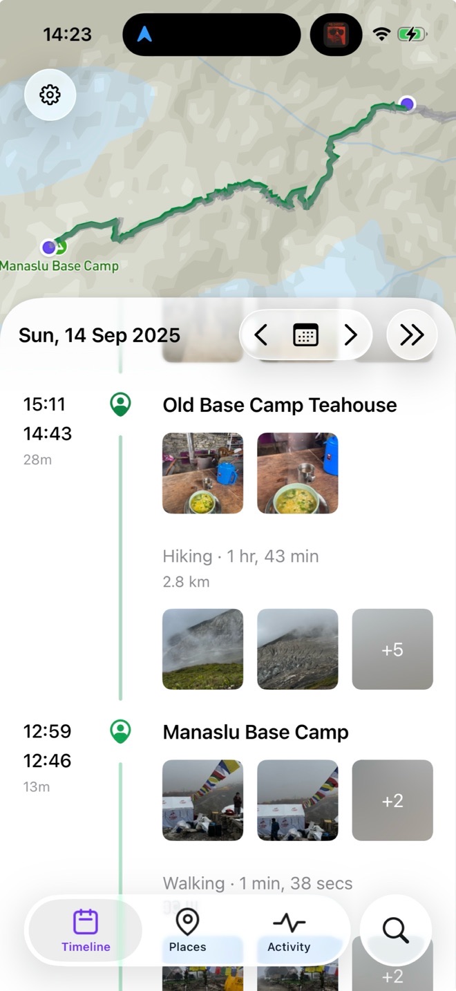 The Arc Timeline 4 timeline: a hike to Manaslu Base Camp on the map, with the day's visits, trips and photos listed below